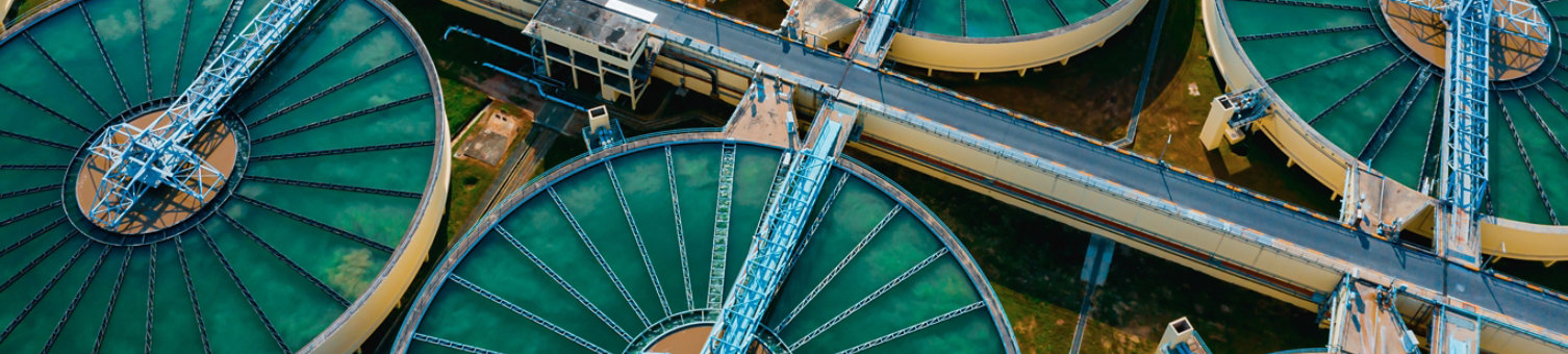 Aerial view of Drinking Water Treatment plants. Microbiology of drinking water production and distribution for big city from water management, water recycling.