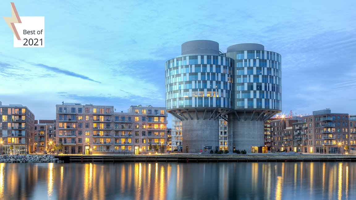 Evening view of the Portland Towers, two silos converted into office buidings in the Nordhavn district of Copenhagen, Denmark