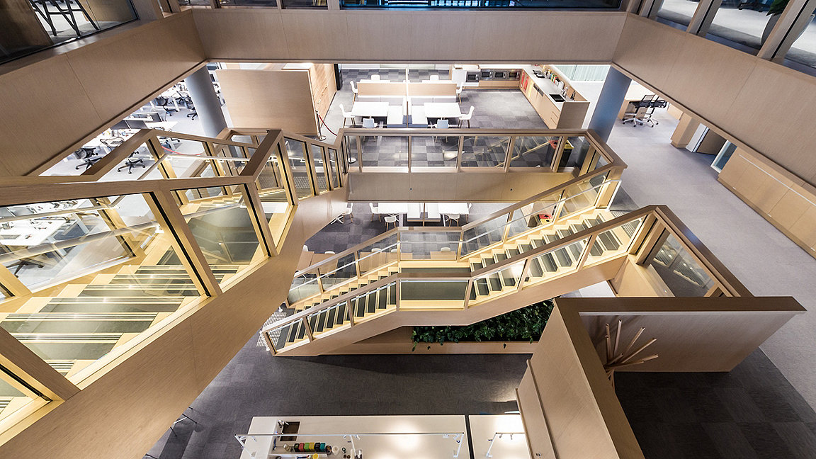 View looking down stairway in a modern office atrium