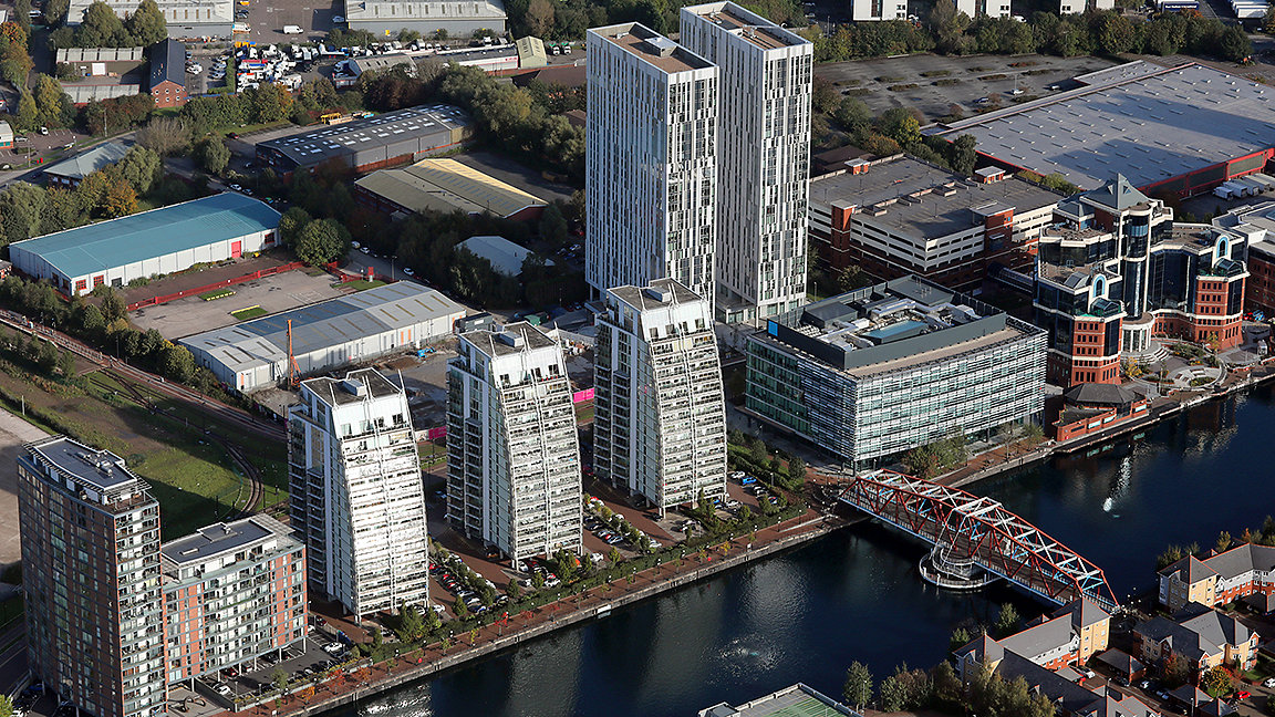 Aerial view of a number of apartment blocks, UK 