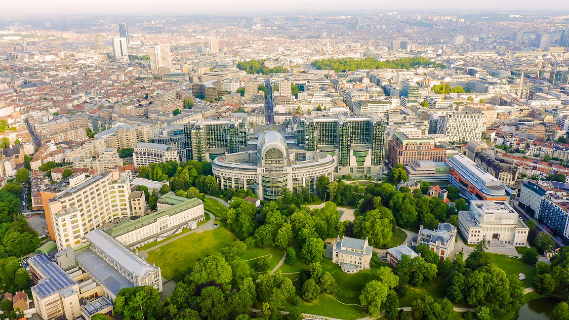 Aerial view of EU buildings in Brussels, Belgium