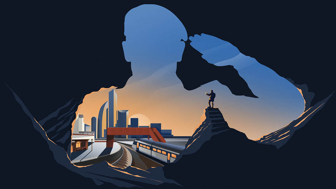 Silhouette of solider with cityscape backdrop in cut out