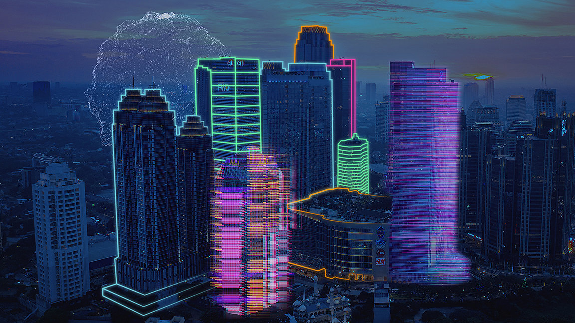 City skyline with skyscrapers outlined in neon colours and glitches