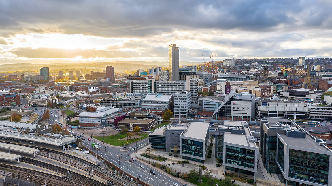 Aerial view of Sheffield city centre at sunset 
