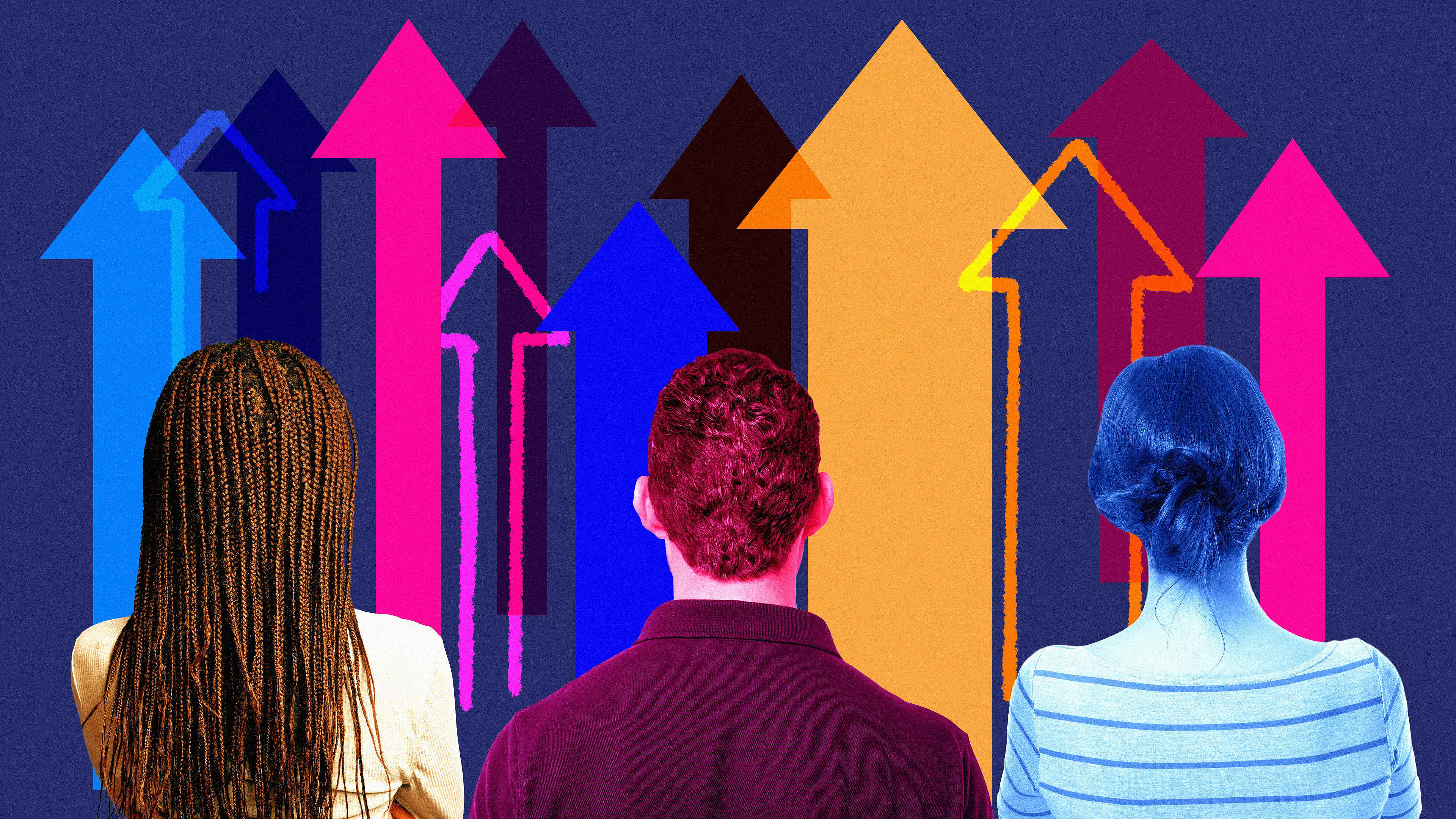 Three headshots of young people looking out on a background of colourful arrows