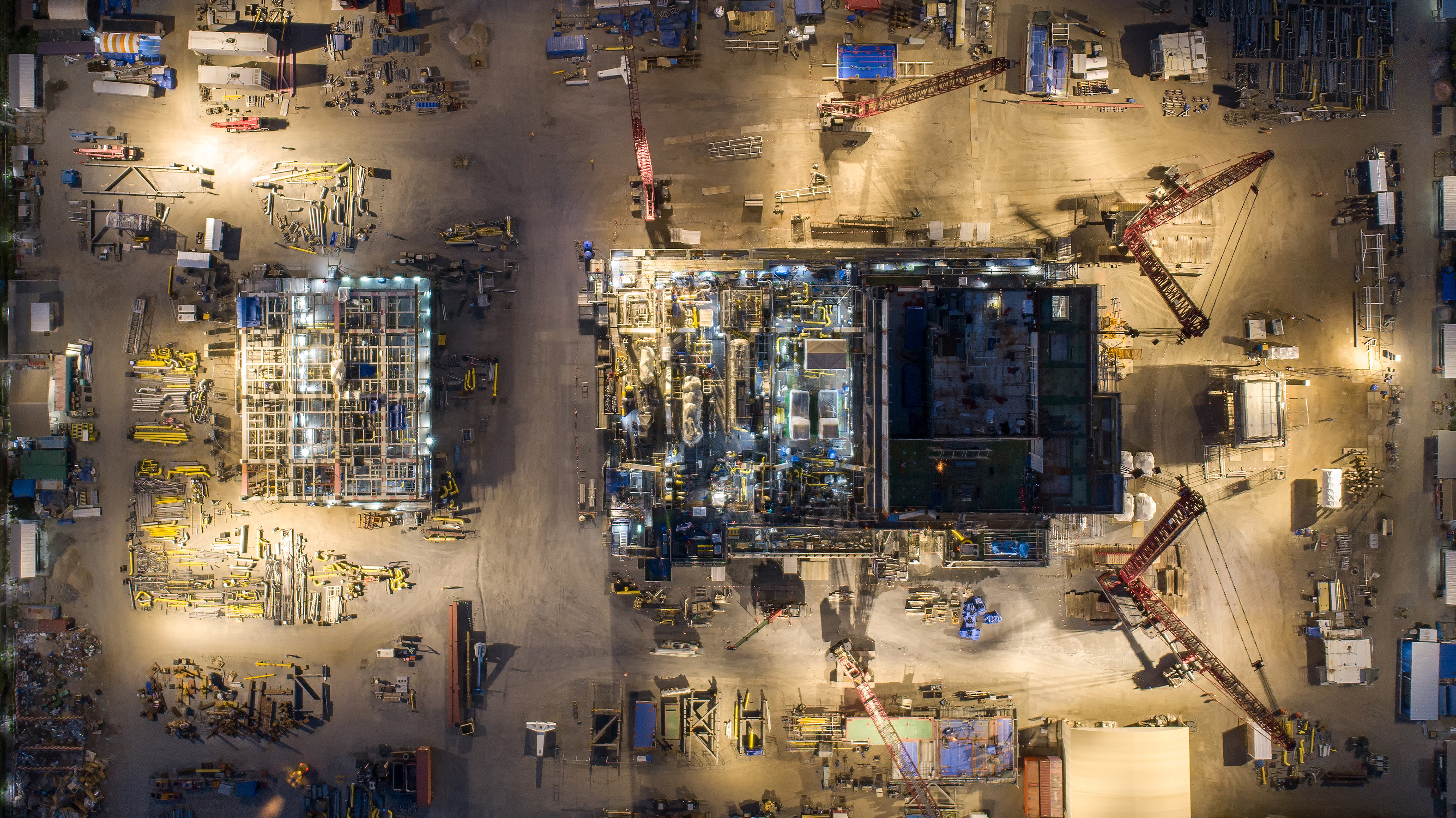 Aerial view oil rig prefabrication construction site