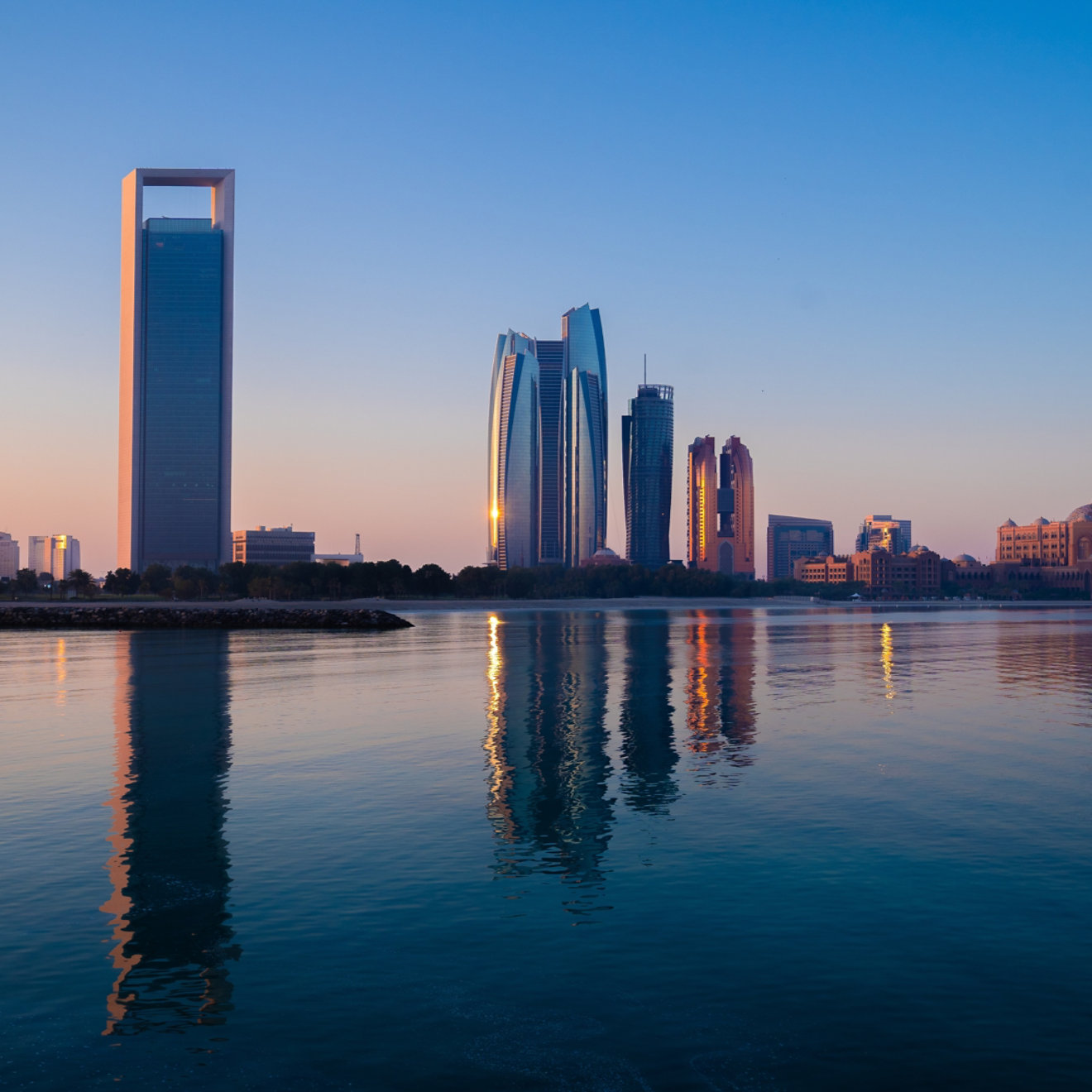 Abu Dhabi skyline on a sunrise