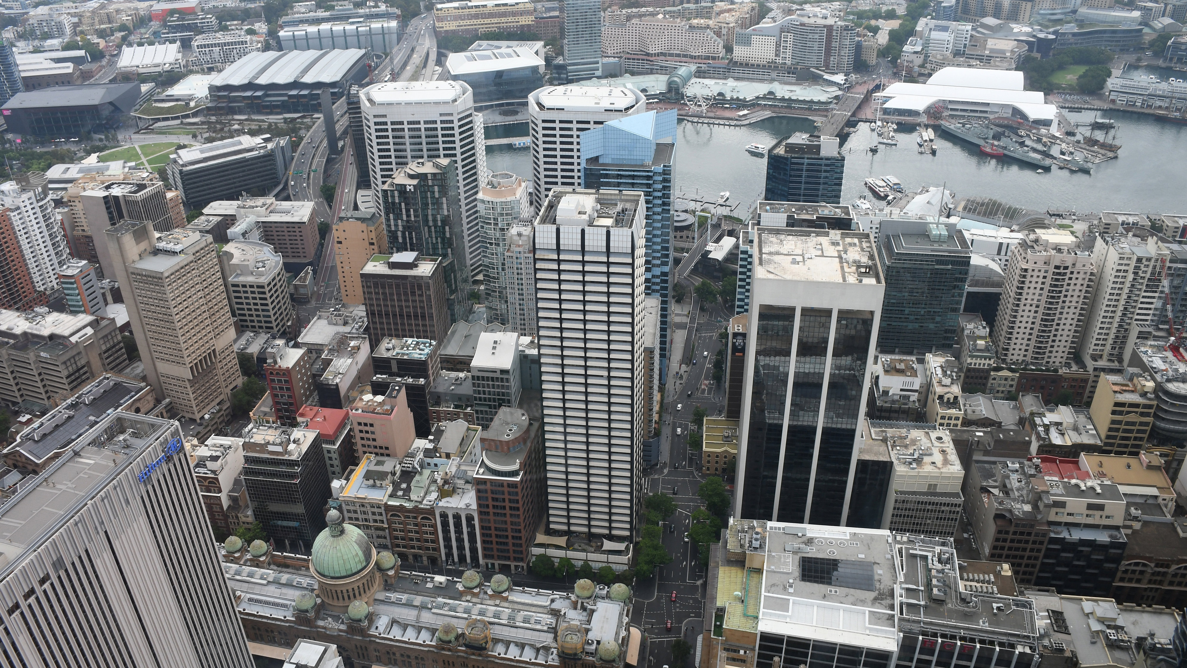 High level view of high street in Sydney, looking towards the harbour bridge