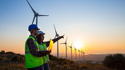 Surveyors in hi-vis vests holding a laptop outdoors at a wind farm.
