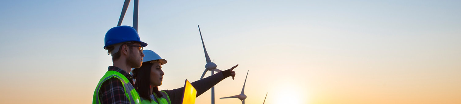 Surveyors in hi-vis vests holding a laptop outdoors at a wind farm.