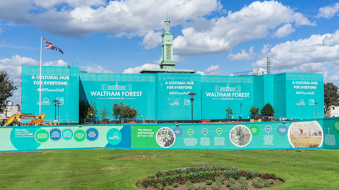 Waltham Forest Town Hall behind hoardings for redevelopment