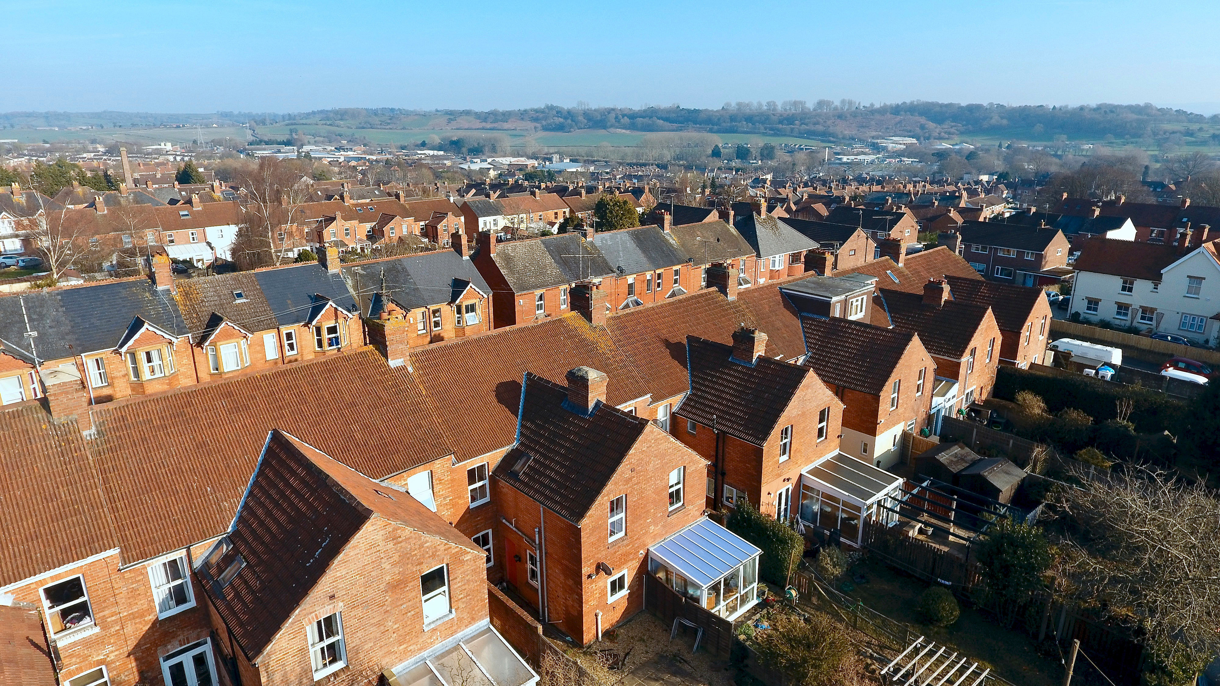 Aerial view of British housing development in Yeovil, UK