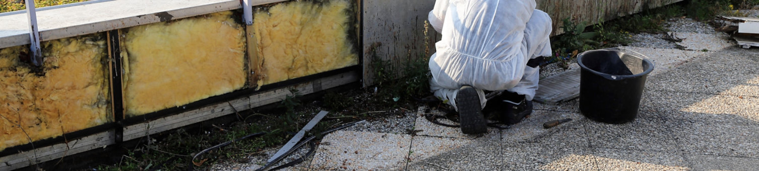 Man cleaning asbestos on a roof in a hazard suit.