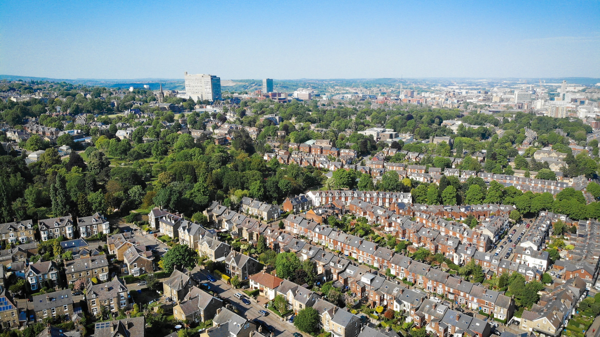 An aerial view of buildings in a built up area