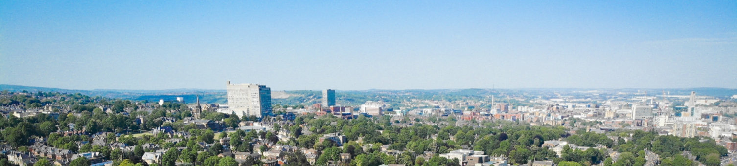 An aerial view of buildings in a built up area