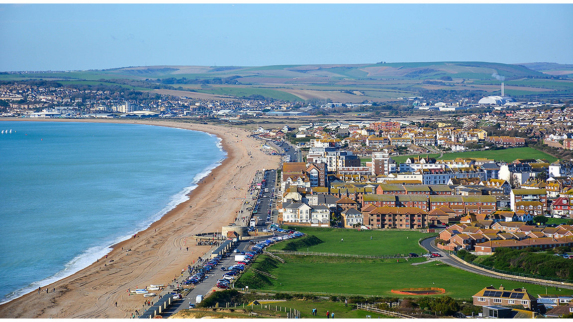 Panoramic view of Seaford, a small coastal resort town in East Sussex, UK