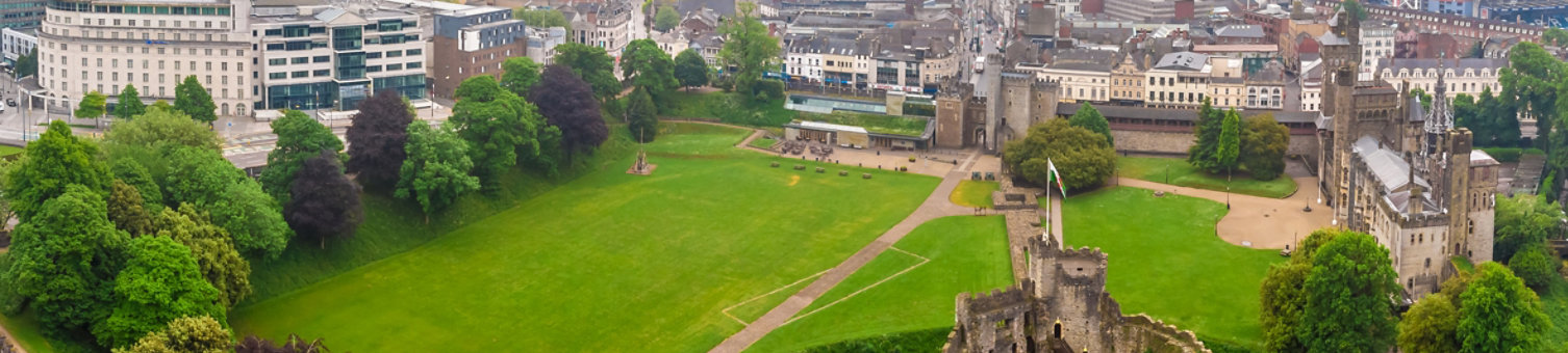 Aerial view of Cardiff Castle and surrounding city centre