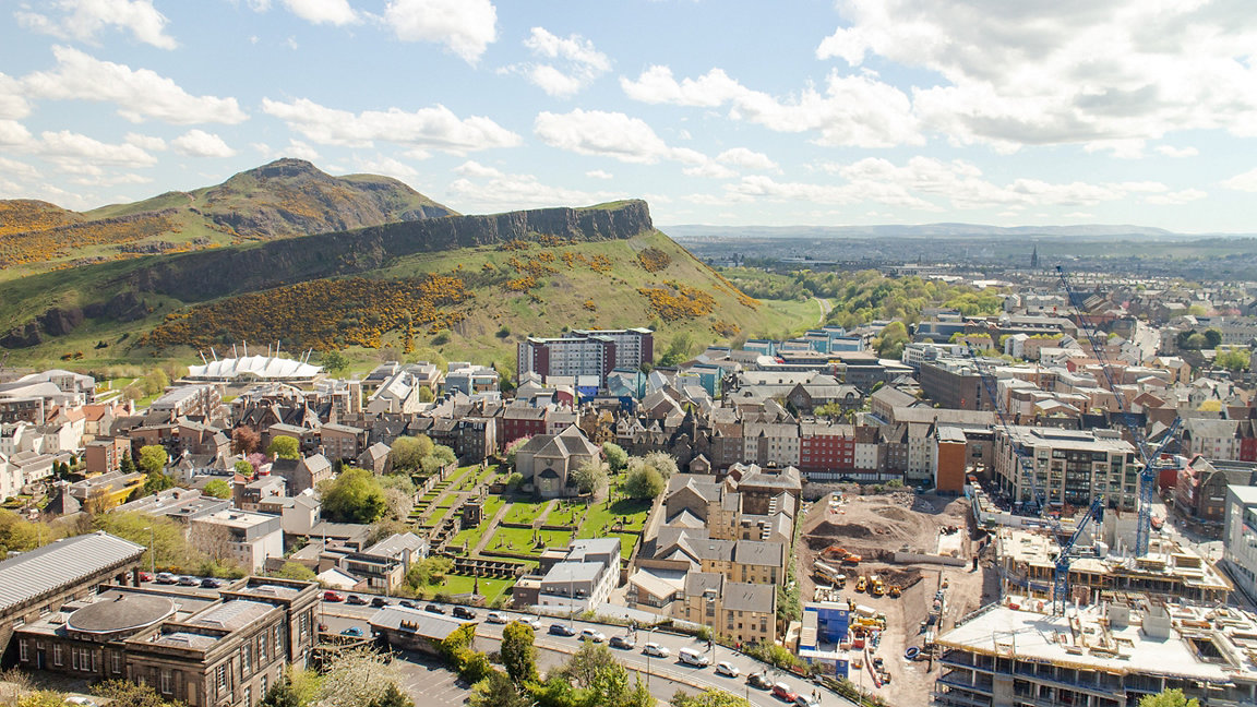 View of Edinburgh city and Arthur's Seat from above