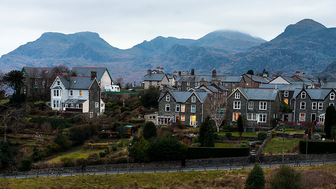 Bird's eye view of a small town in Snowdonia National Park, Wales