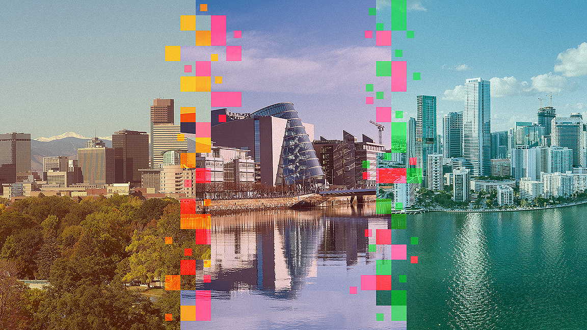 Photo collage of Denver, Dublin and Miami with coloured squares linking them