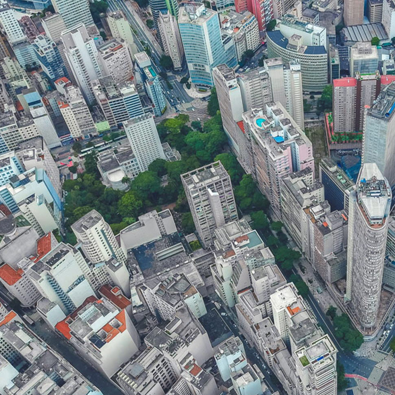 A birdseye view of multi-storey residential buildings in an urban area