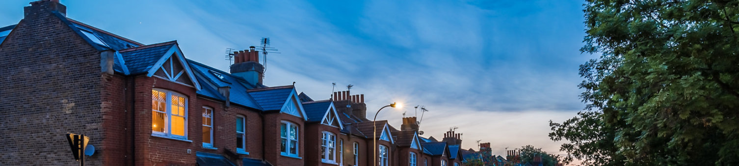 Houses next to a road in the evening