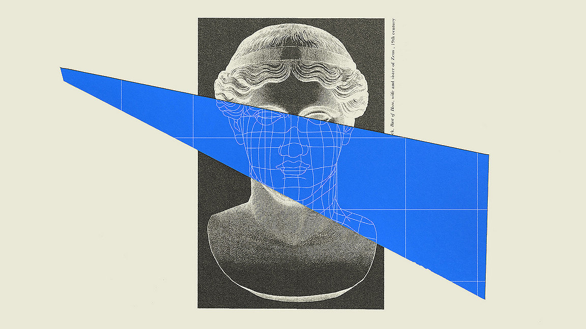 Illustration of a marble bust with a blue geometric shape