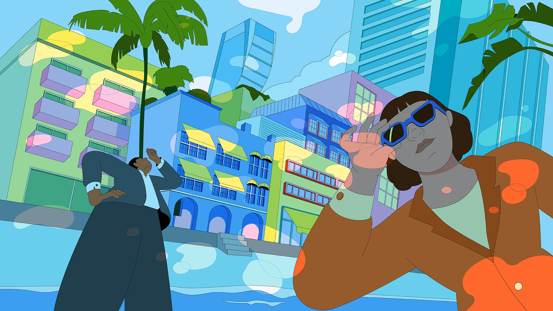 Illustration of realtors looking at an underwater street