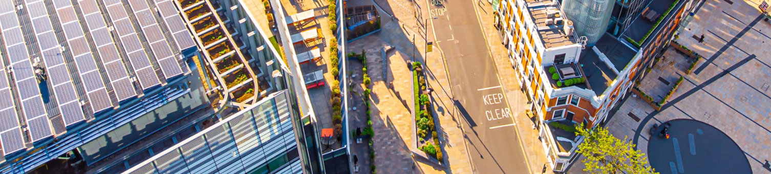 Drone shot of a high street in a city
