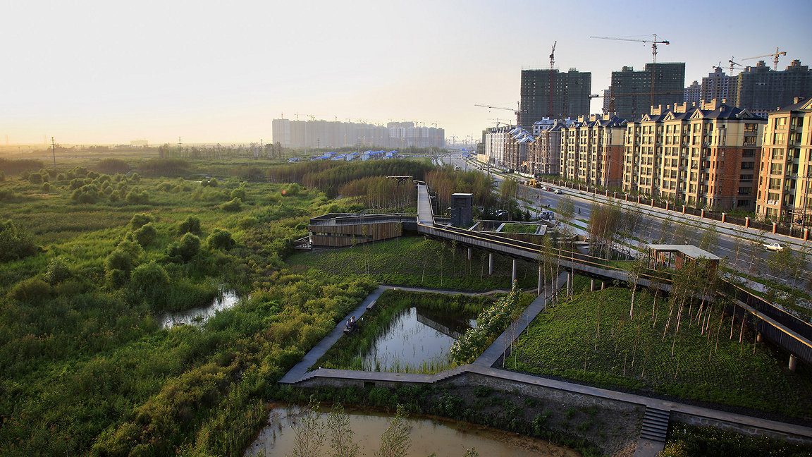 Qunli Stormwater Park, Haerbin City, China. The periphery of the park acts a border between city and nature. View toward the north east. 