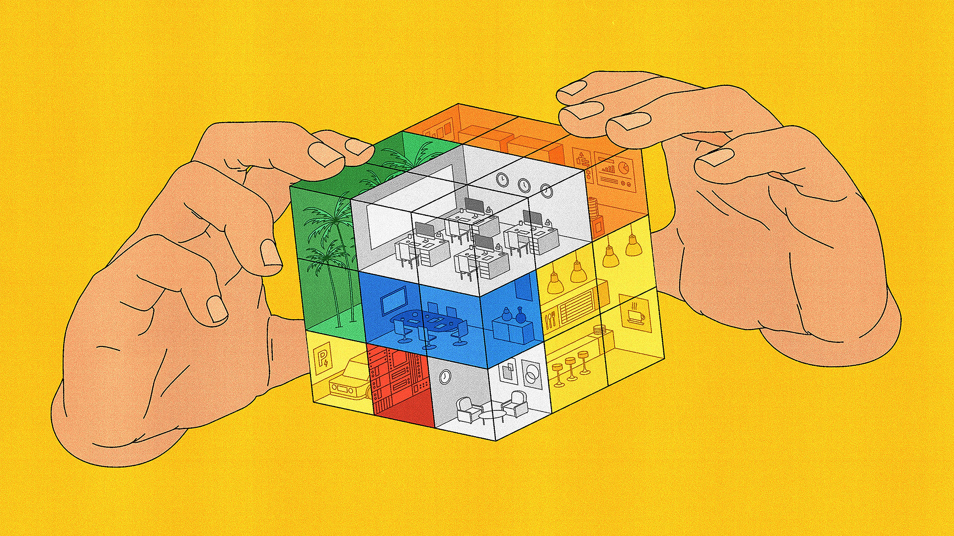 Illustration of floating hands solving a Rubik's cube made up of office parts