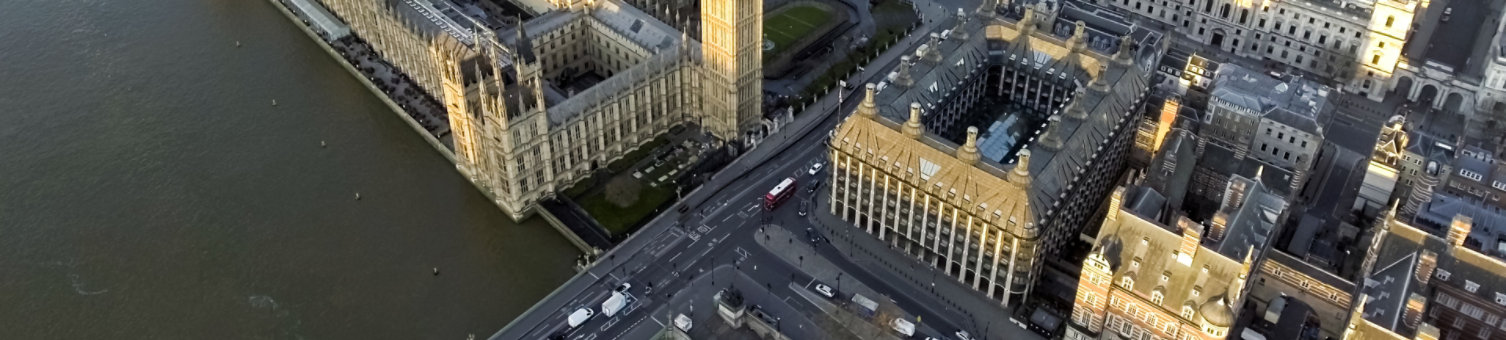 London Aerial Cityscape with Landmarks including the Thames, Big Ben Clock Tower and Parliament, Palace, Portcullis House and Westminster Square Garden