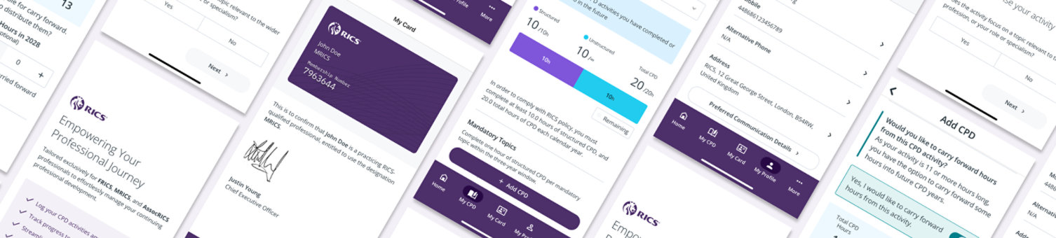 Screenshots of the RICS Member App showing different tasks in process