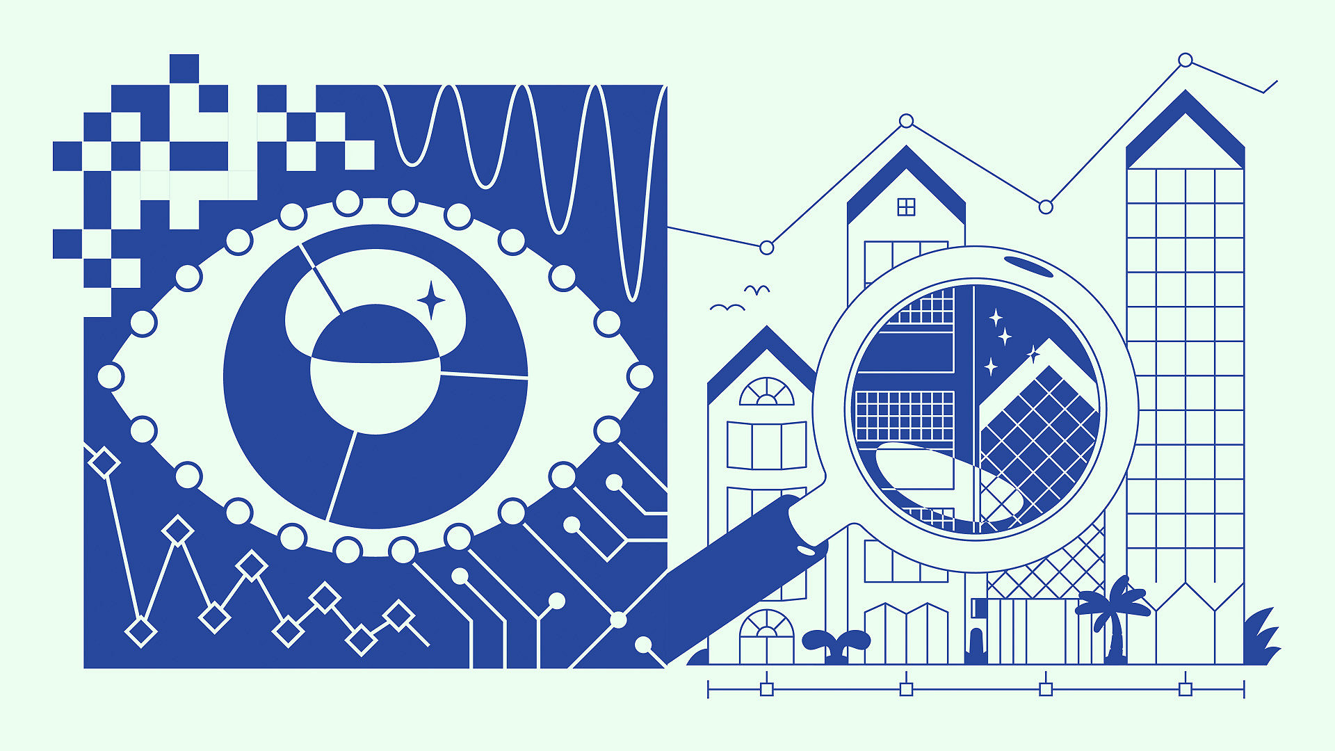 Graphic 2D illustration showing an abstract concept of AI scanning a house for information.