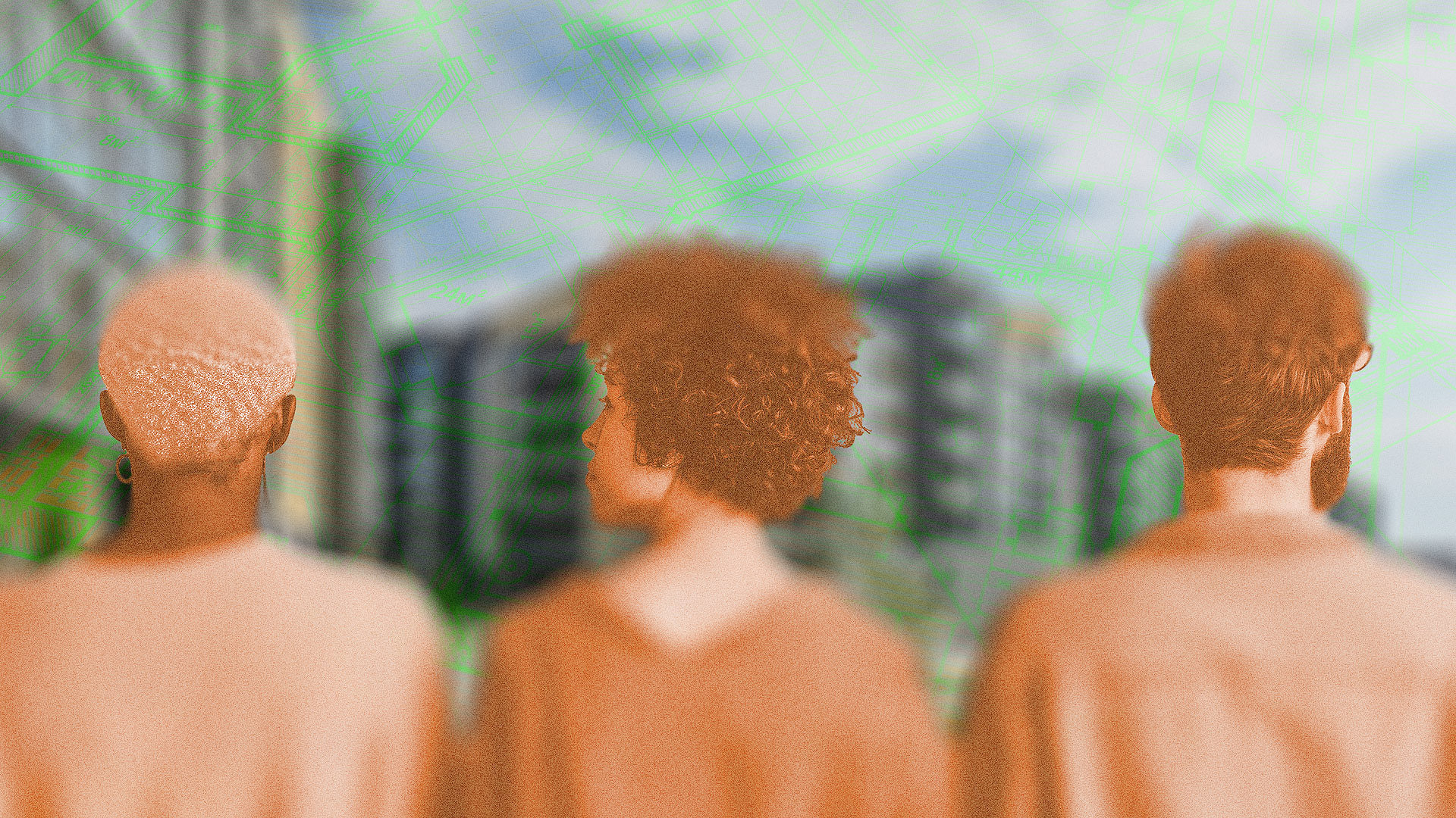 Photo collage of three people in front of a block of flats with a blueprint map overlaid