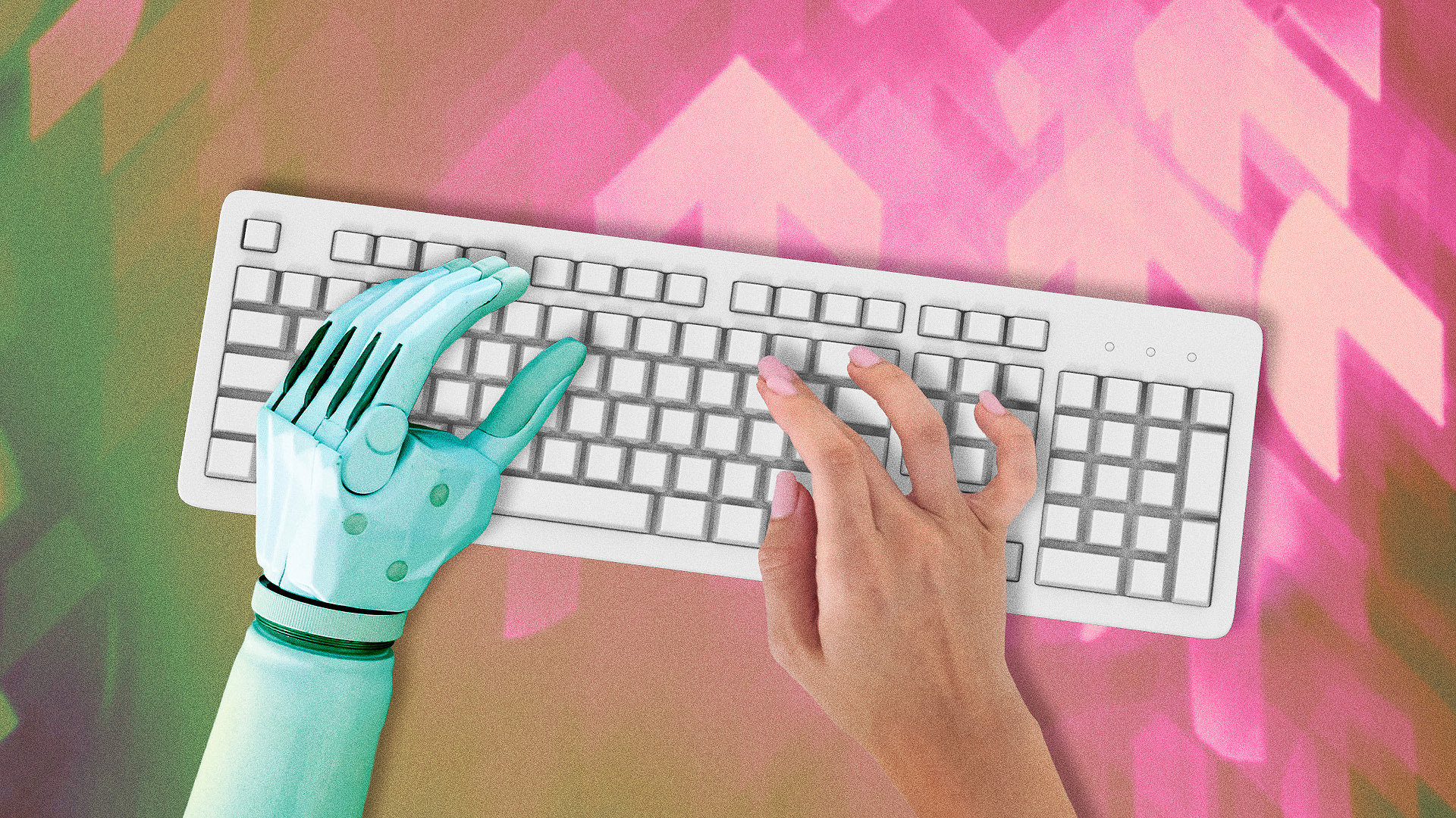 An AI hand helping a human hand type