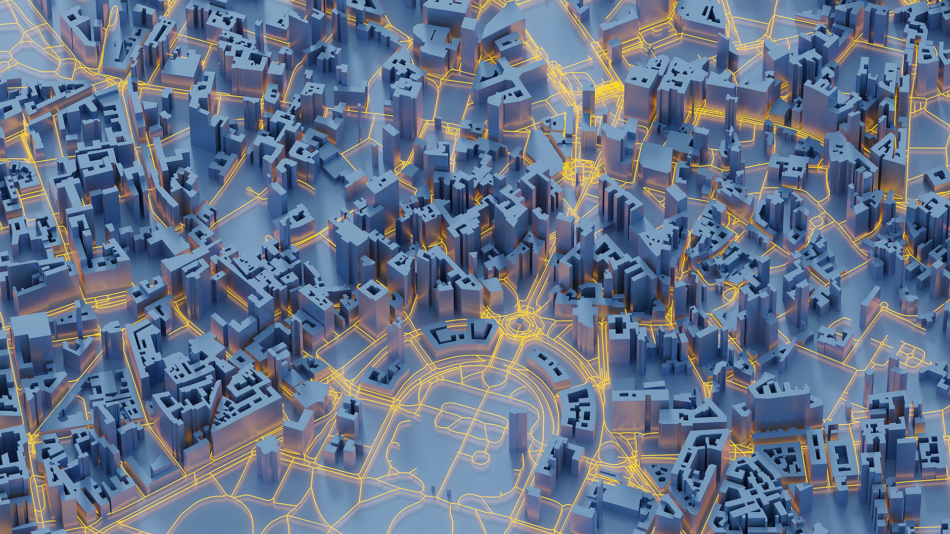 A top down illustration of a model cgi city with coloured lines running through it.