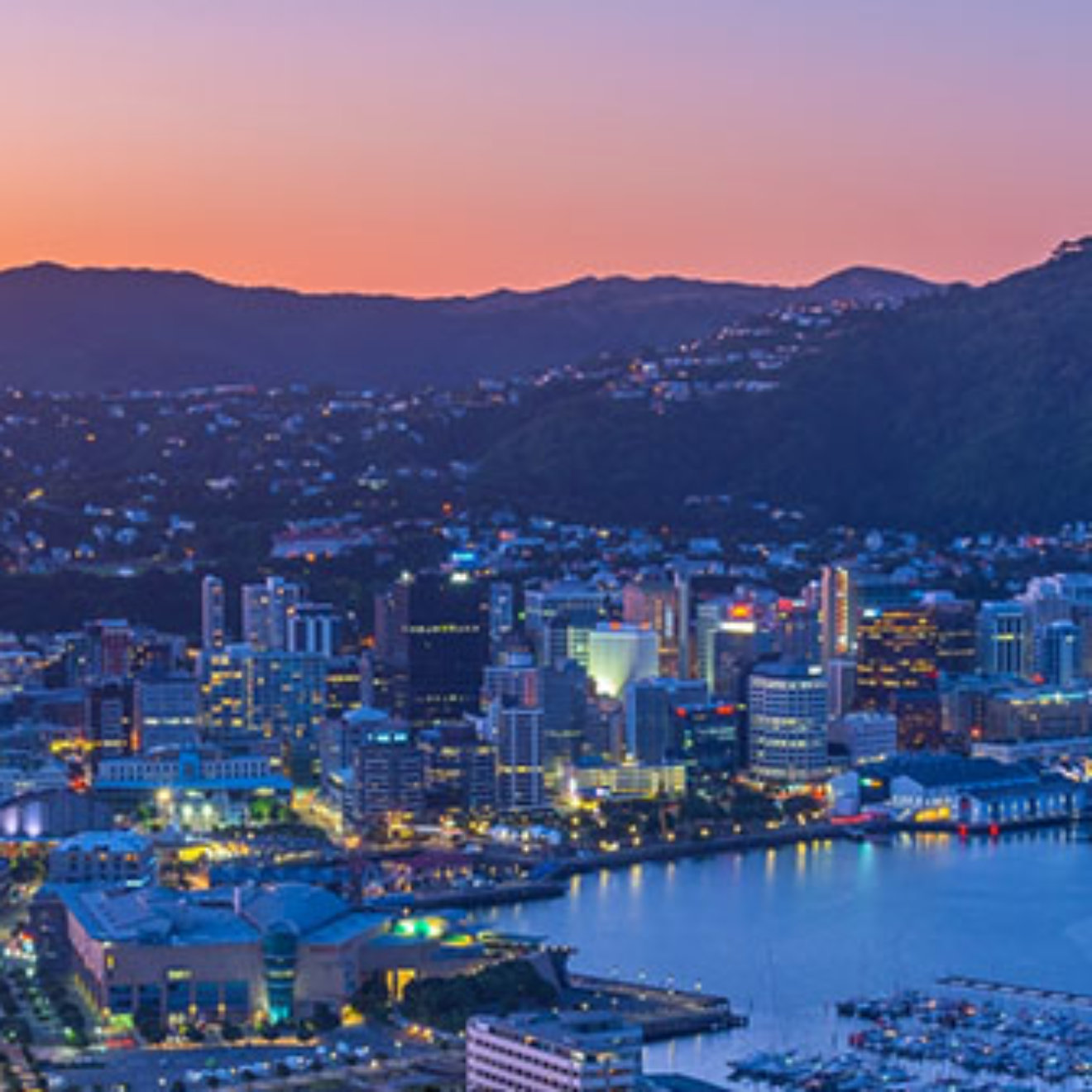 Sunset aerial view of Wellington, New Zealand