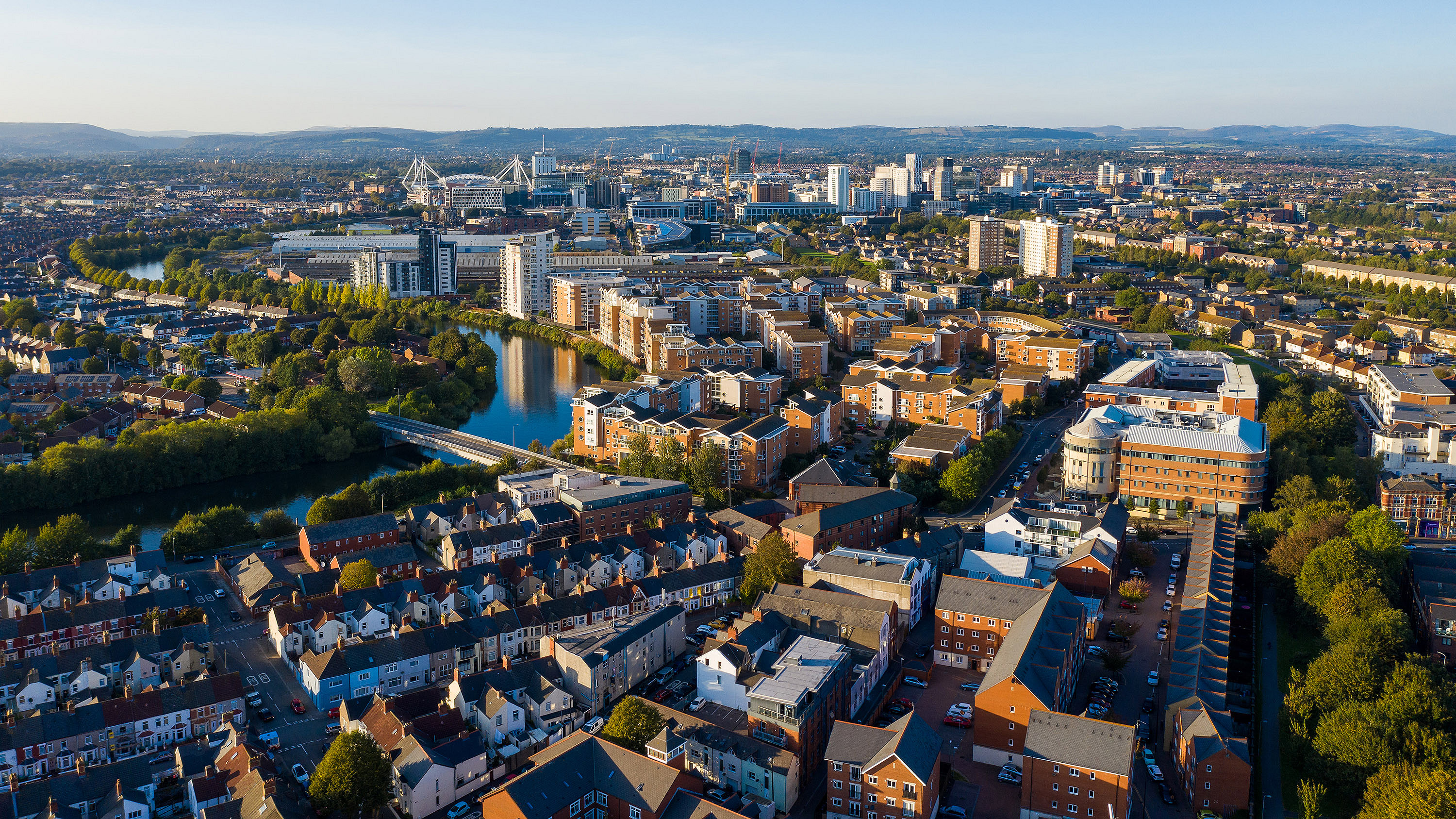 Aerial view of Cardiff Bay on a clear sky summer day