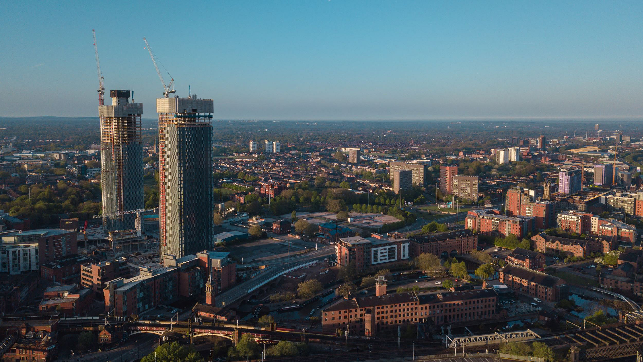 Manchester City Centre Drone Aerial View Above Building Work Skyline Construction Blue Sky Summer Beetham Tower