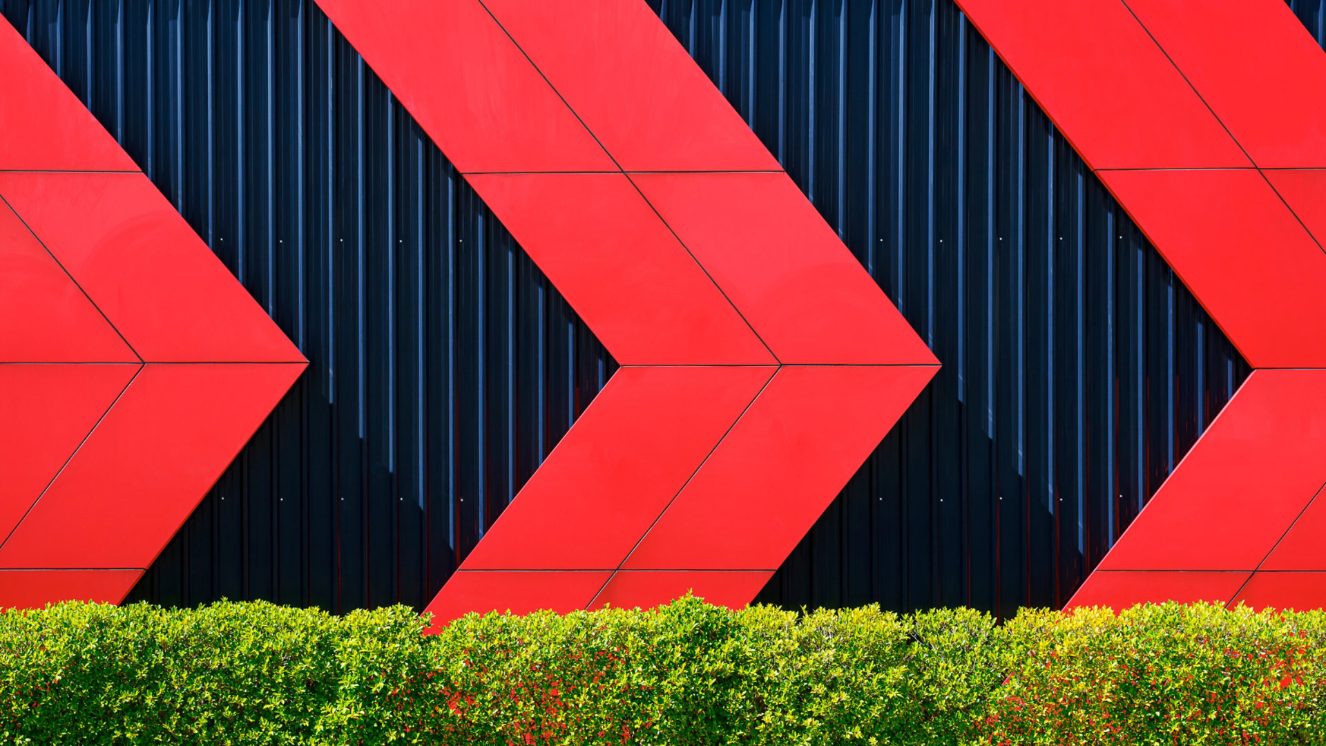 Front view of red arrows pattern on black corrugated metal wall behind green bush fence in exterior architecture decorations design concept; Shutterstock ID 1982992589; purchase_order: -; job: -; client: -; other: -