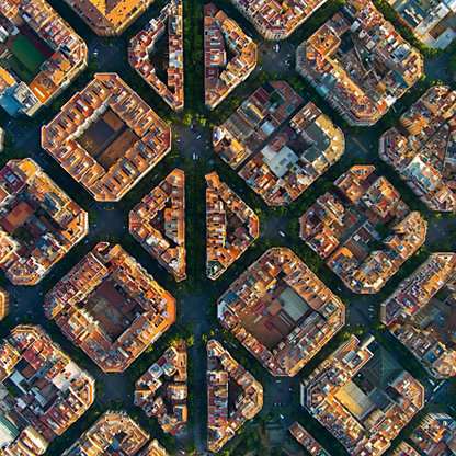 An aerial view of a residential area showing a diamond pattern of streets