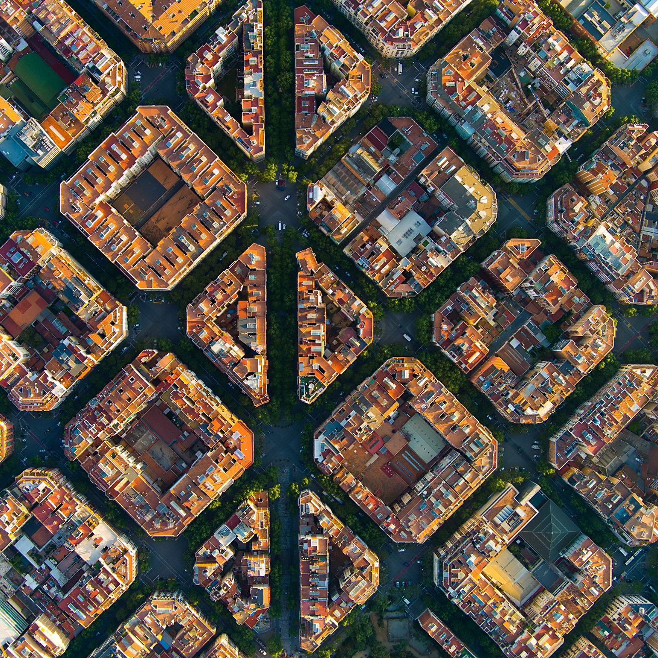 Aerial view of typical buildings of Barcelona cityscape. Eixample residential famous urban grid. Catalonia, Spain; Shutterstock ID 2165020871; purchase_order: -; job: -; client: -; other: -