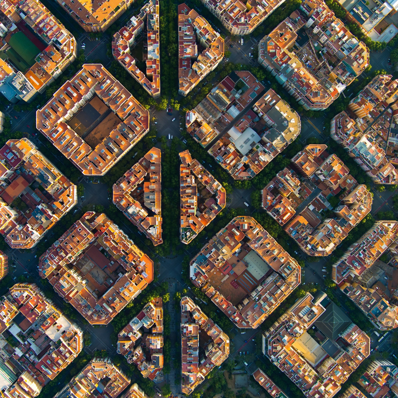 An aerial view of a residential area showing a diamond pattern of streets
