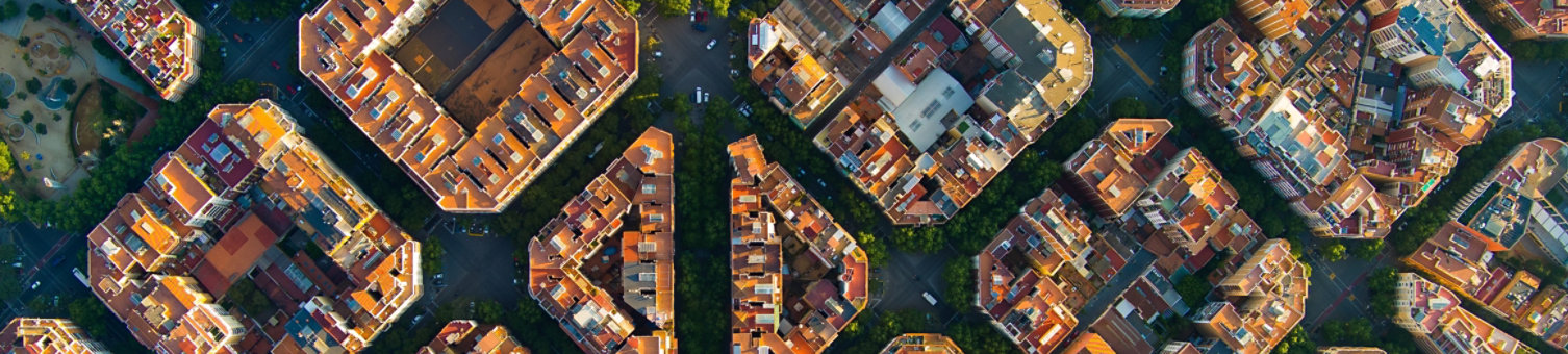 An aerial view of a residential area showing a diamond pattern of streets