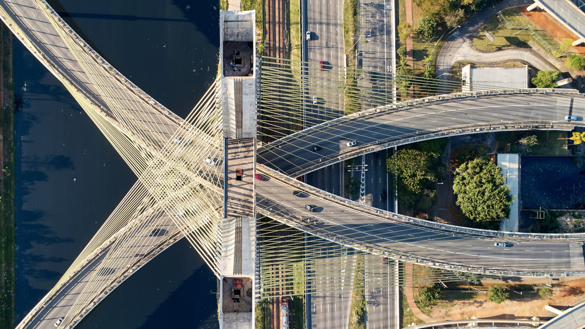 Top view of cable-stayed bridge, Marginal Pinheiros, and Pinheiros river in Sao Paulo city.; Shutterstock ID 2636724113; purchase_order: -; job: -; client: -; other: