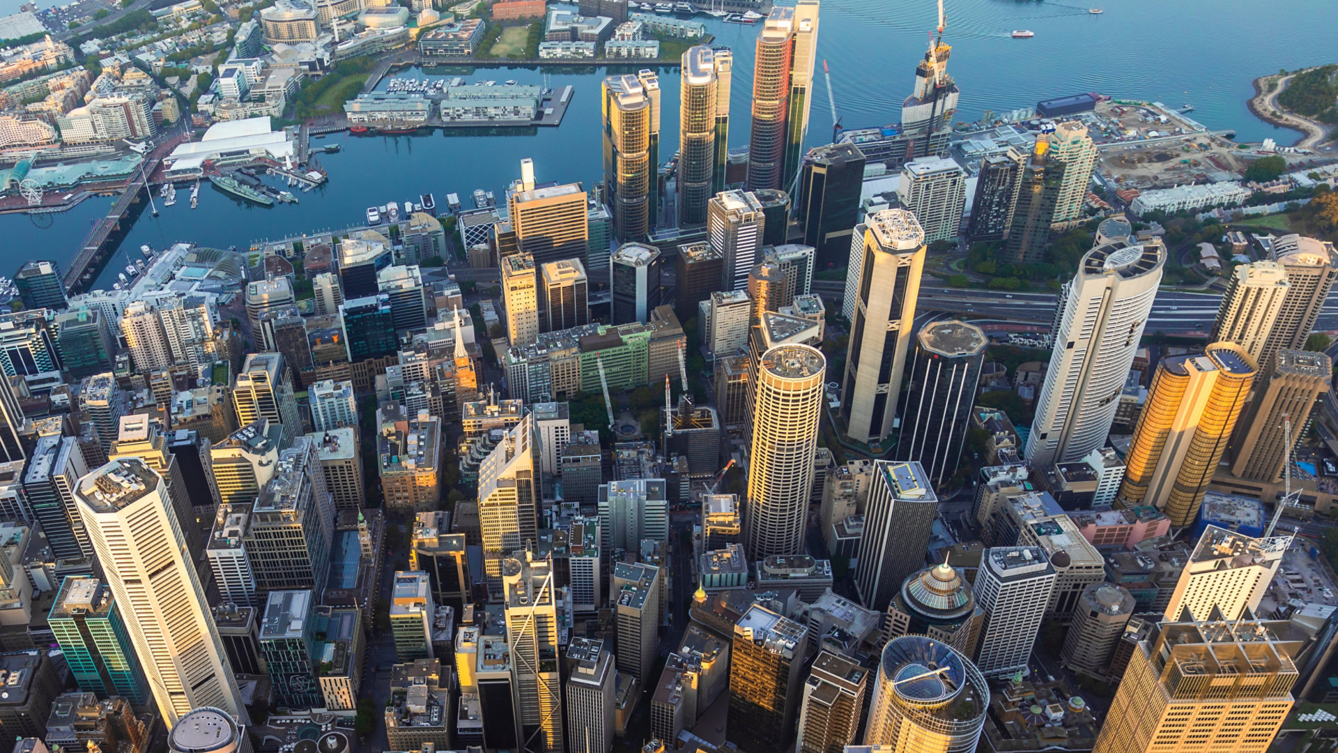 Various skyscrapers and buildings of central business district from air