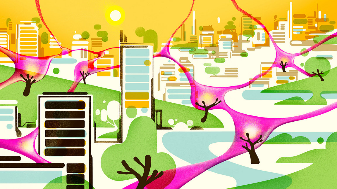 Illustration of a city with neurons firing between the trees