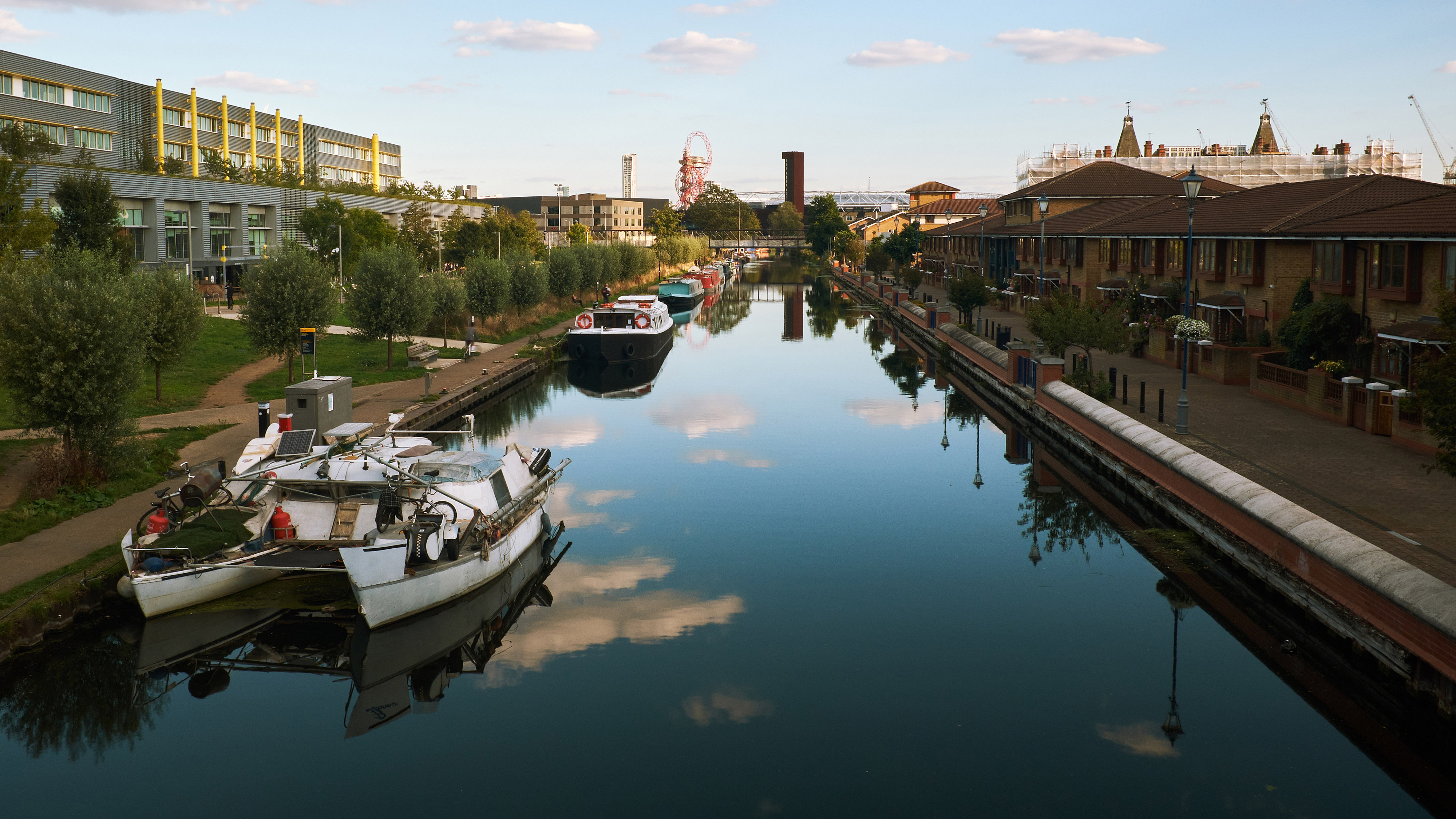 View of commercial and residential buildings along Regent's Canal in East London